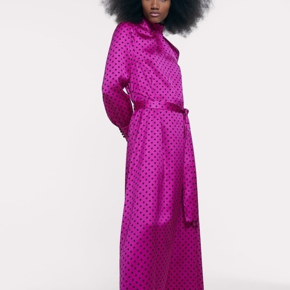 NWT ZARA POLKA DOT FUCHSIA SMALL DATE NIGHT MIDI DRESS - Picture 2 of 8